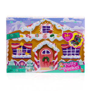 Polly Pocket Advent Calendar 2025 with 24 festive surprises, mini Polly figurine and gingerbread house playset for kids’ holiday fun.