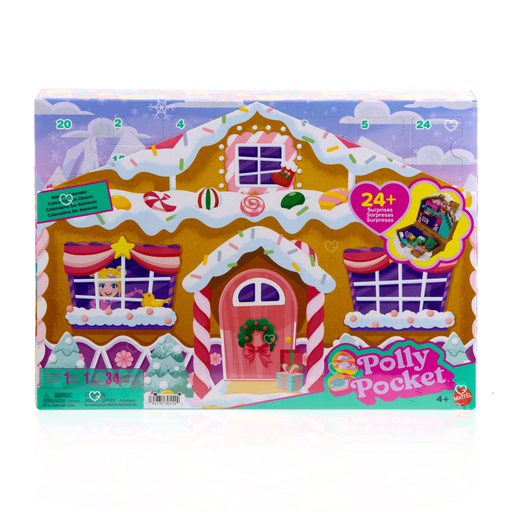 Polly Pocket Advent Calendar 2025 with 24 festive surprises, mini Polly figurine and gingerbread house playset for kids’ holiday fun.