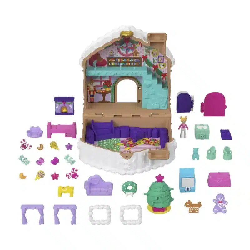 Polly Pocket Advent Calendar 2025 with 24 festive surprises, mini Polly figurine and gingerbread house playset for kids’ holiday fun.