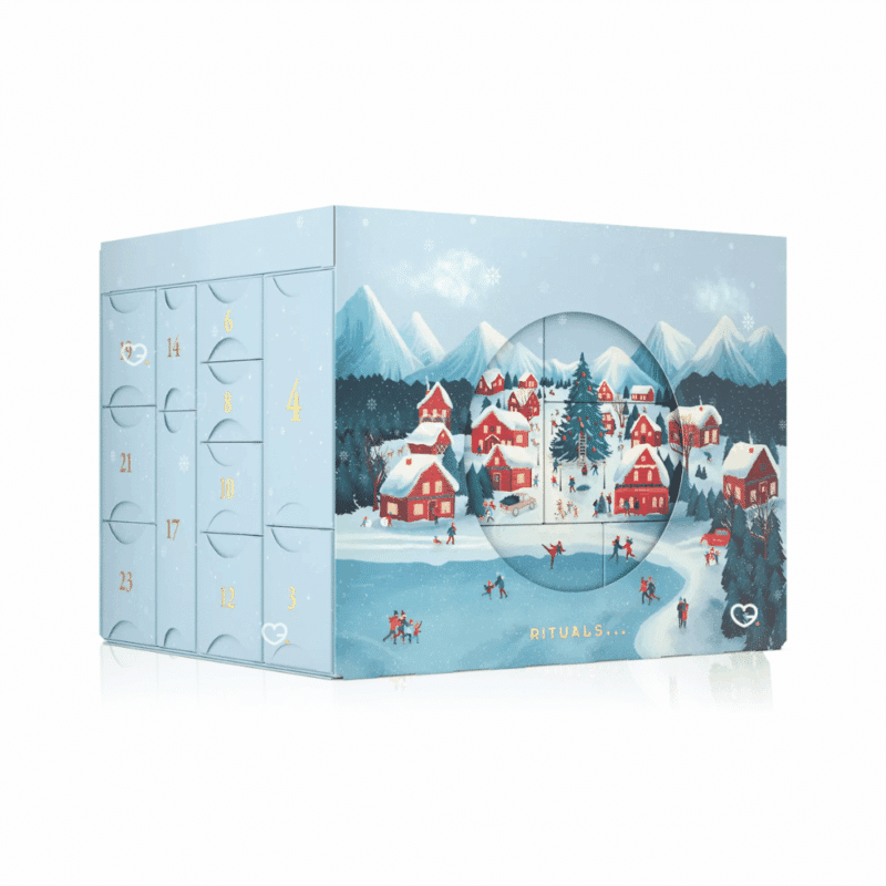 Rituals Deluxe Advent Calendar 2025 with 24 luxury beauty and wellness treats in festive gold diorama design, ideal for self-care lovers.