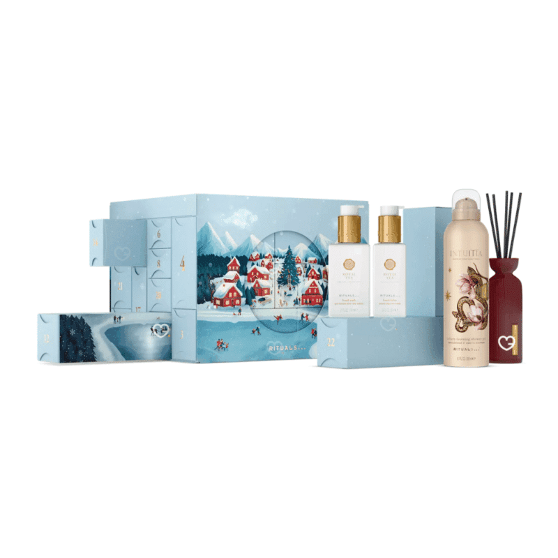 Rituals Deluxe Advent Calendar 2025 with 24 luxury beauty and wellness treats in festive gold diorama design, ideal for self-care lovers.