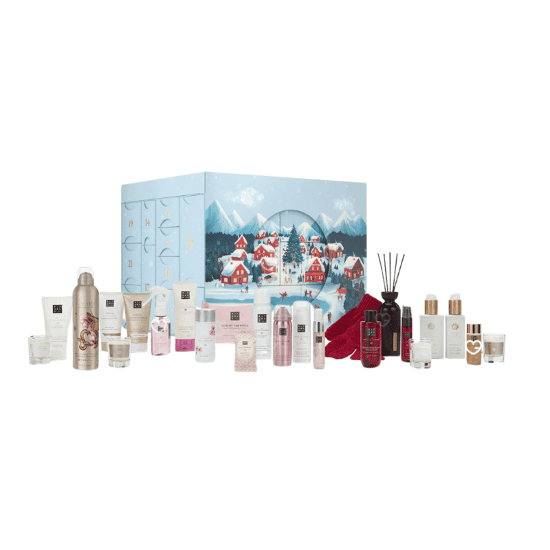 Rituals Deluxe Advent Calendar 2025 with 24 luxury beauty and wellness treats in festive gold diorama design, ideal for self-care lovers.