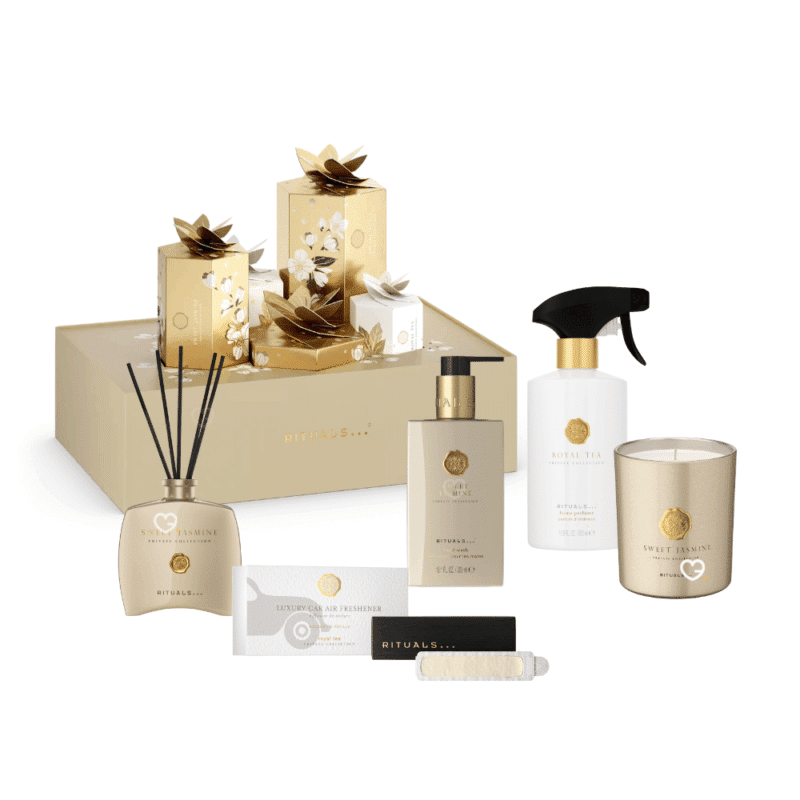 Rituals Premium Advent Calendar 2025 with 5 luxury beauty gifts—fragrance sticks, hand wash, candle, home perfume, and car air freshener, ideal for elegant gift-givers.