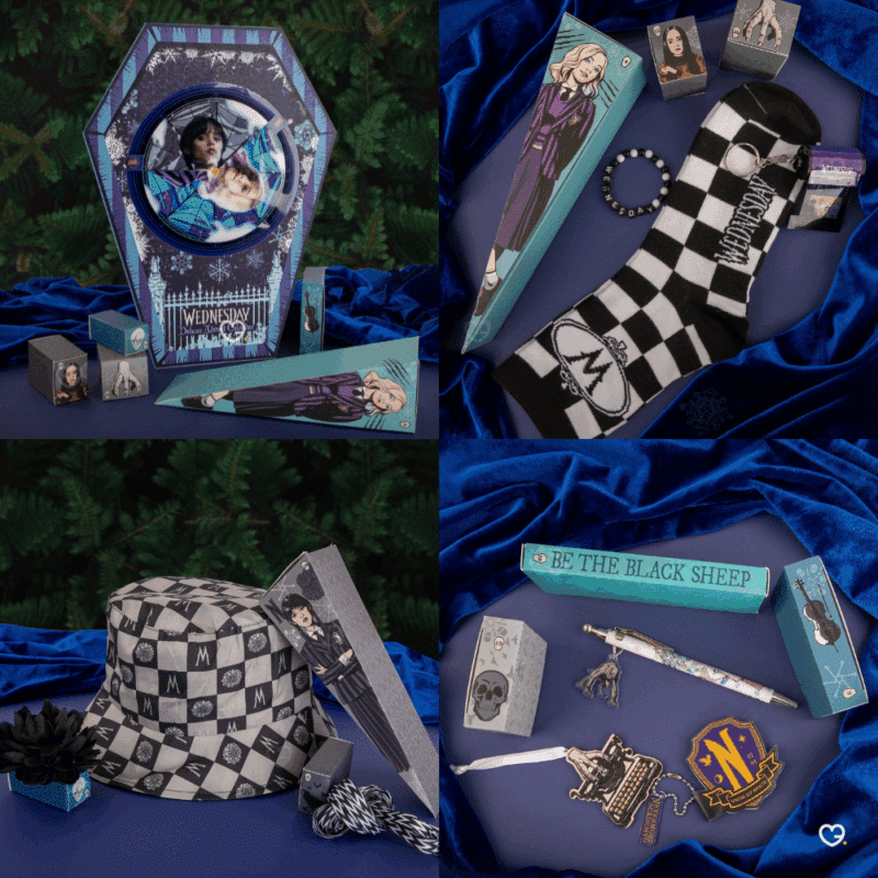 Wednesday Deluxe - Cinereplicas Advent Calendar 2025 with 24 Wednesday-themed surprises like bracelet, mini plush and gothic accessories for fans and collectors.