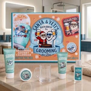 Accentra mens advent calendar toiletries and glass beer mug styled in a bathroom