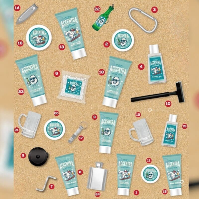 All 24 items inside the Accentra Men Style Advent Calendar laid out by type
