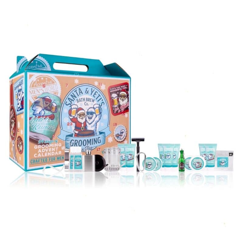 Accentra Men Style Advent Calendar contents lined up, washes, lotions and accessories