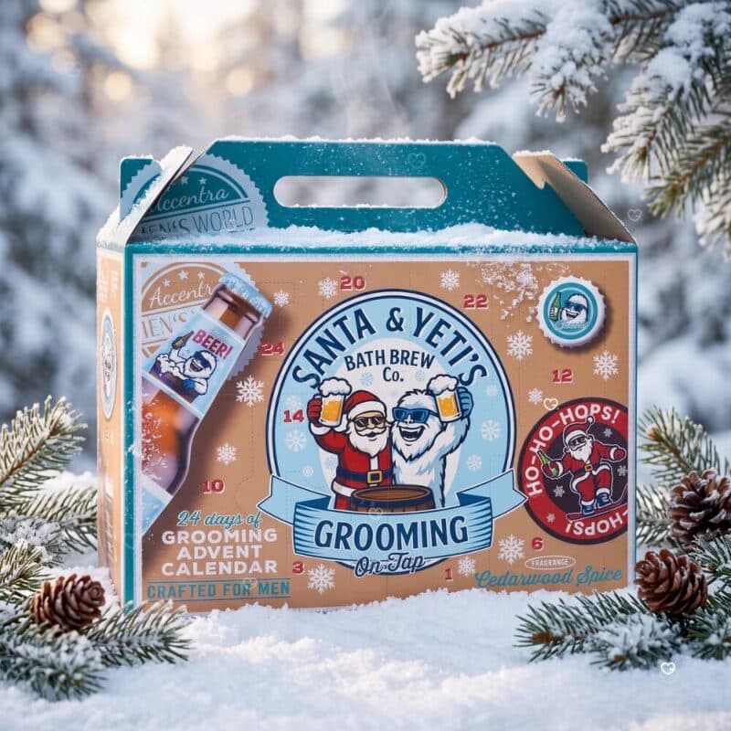 Accentra mens grooming advent calendar box in a snowy winter scene