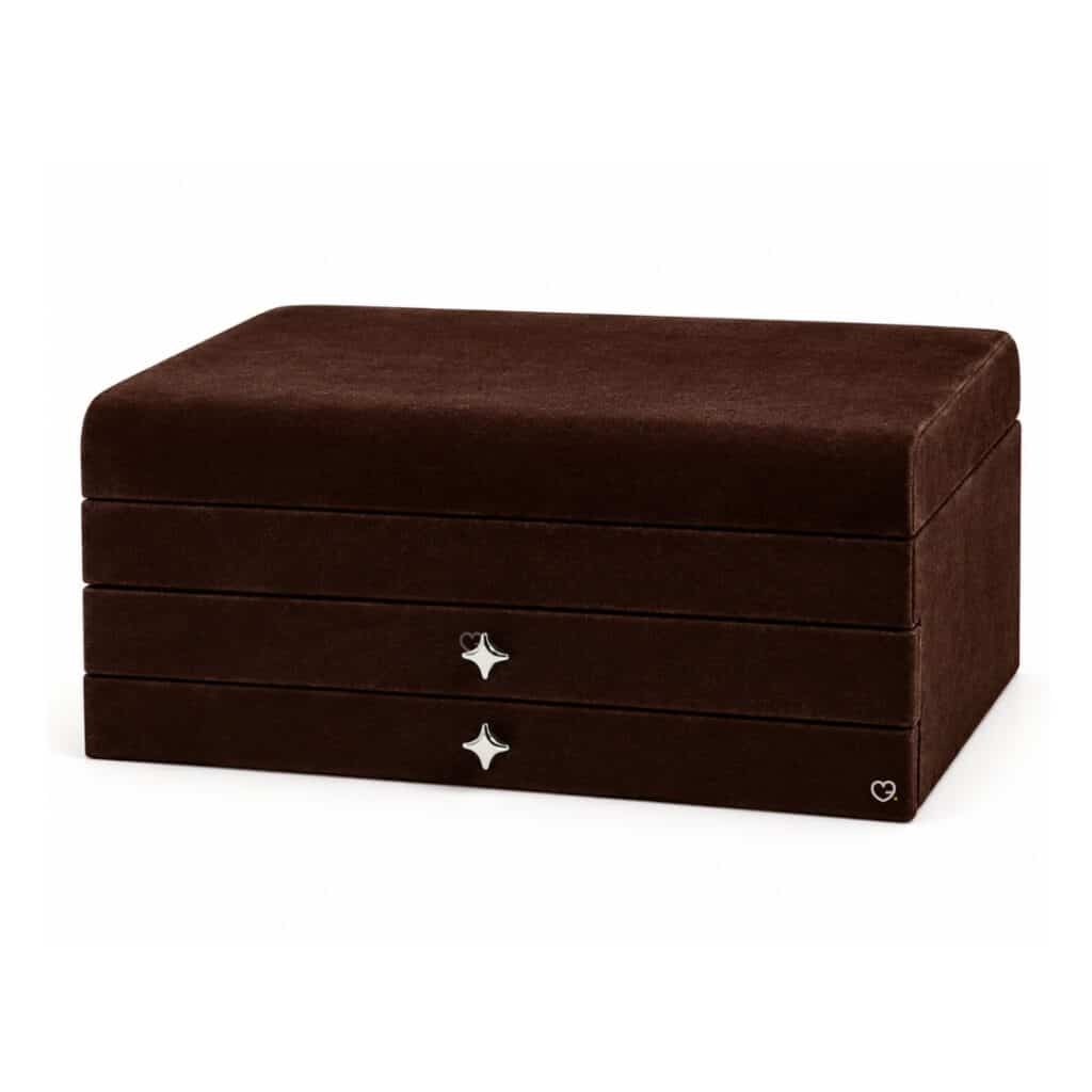 Astrid & Miyu 24 Day Advent Calendar in Gold 2026, closed brown suedette jewellery box with star-shaped handles