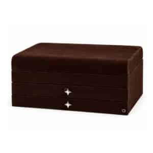 Astrid & Miyu 24 Day Advent Calendar in Gold 2026, closed brown suedette jewellery box with star-shaped handles