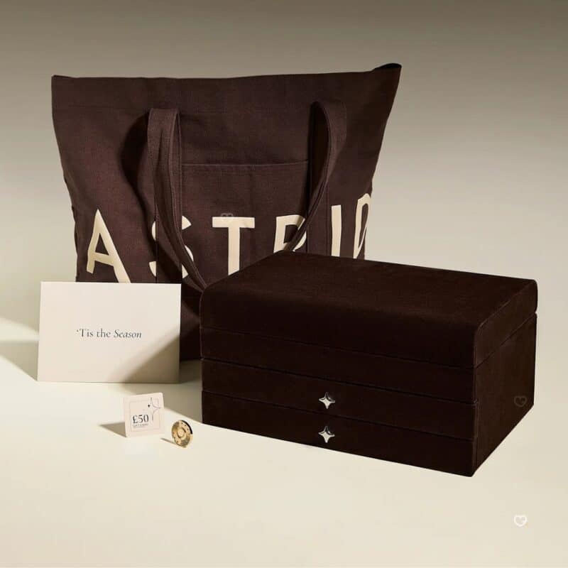 Astrid & Miyu Tis the Season tote bag with the gold advent calendar box and 50 pound voucher