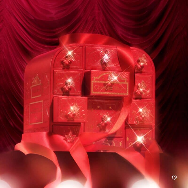 Charlotte Tilbury Advent Calendar 2026 red keepsake box tied with a ribbon as a festive gift