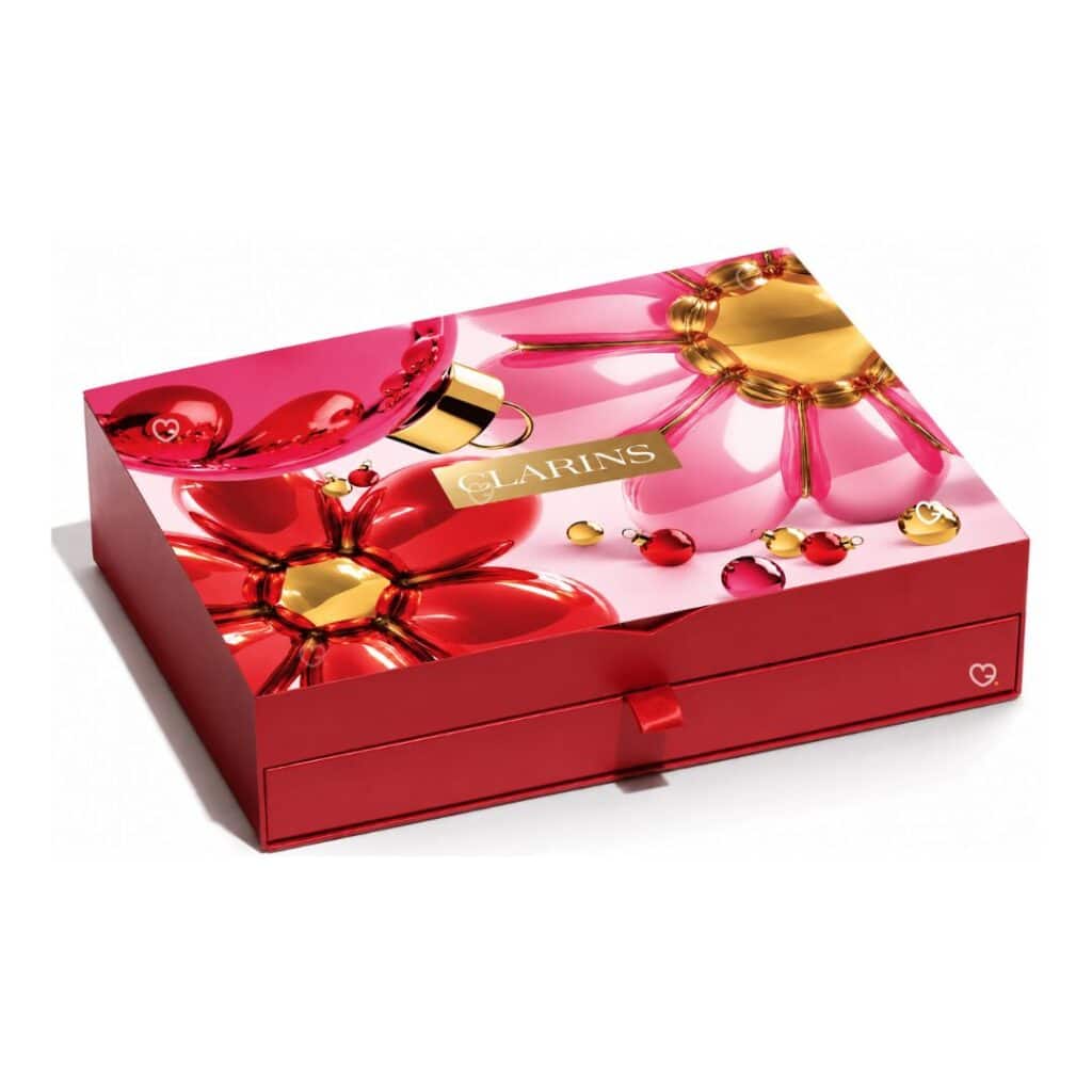 Clarins Advent Calendar 2026 closed red floral drawer box on white