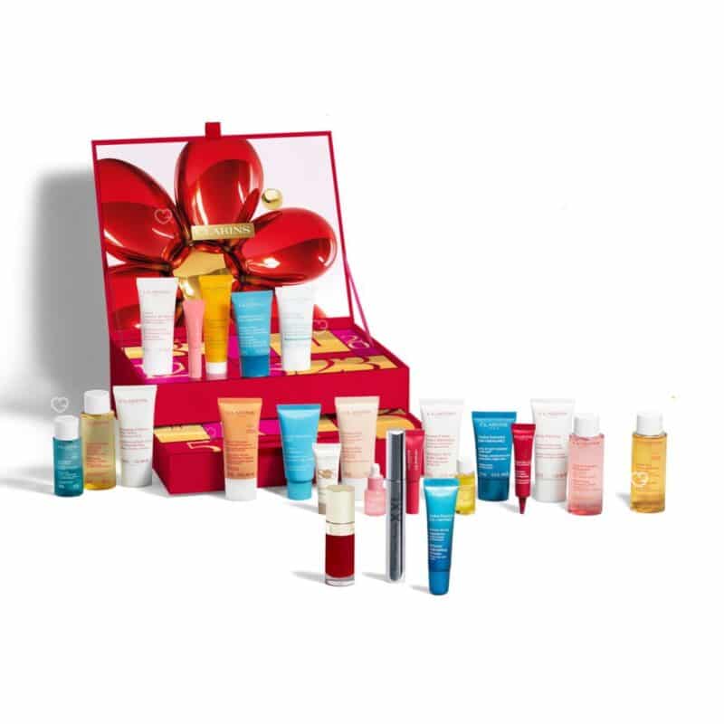 Clarins skincare advent calendar 2026 open box with the 24 treats laid out