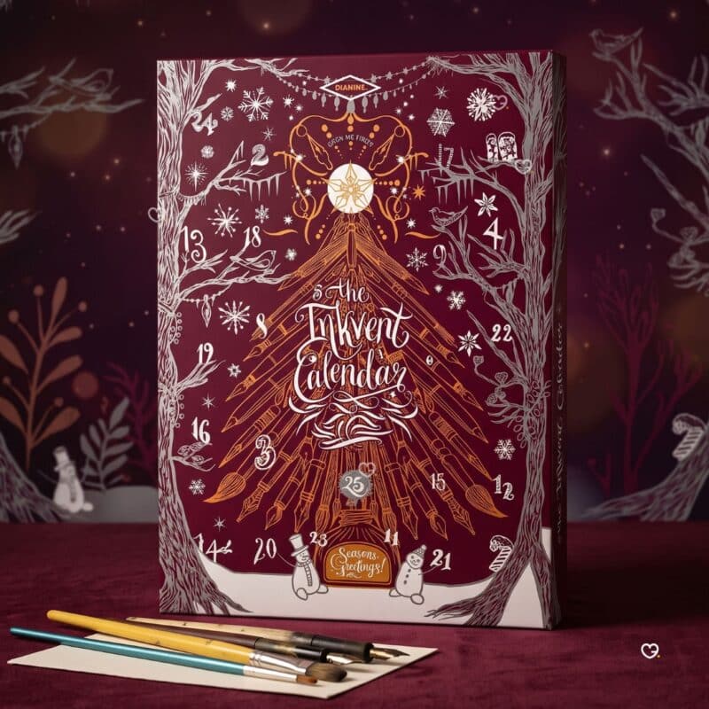 Diamine Inkvent 2026 Burgundy Edition ink bottles, detail view