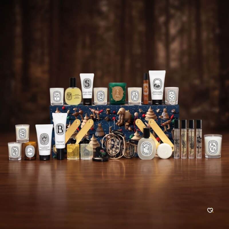 Diptyque fragrance advent calendar 2026 with candles, eaux de parfum and body care.
