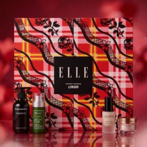 ELLE Beauty Advent Calendar 2026 beauty box alongside Grown Alchemist, Murad, Zelens and Shiseido products on a red background