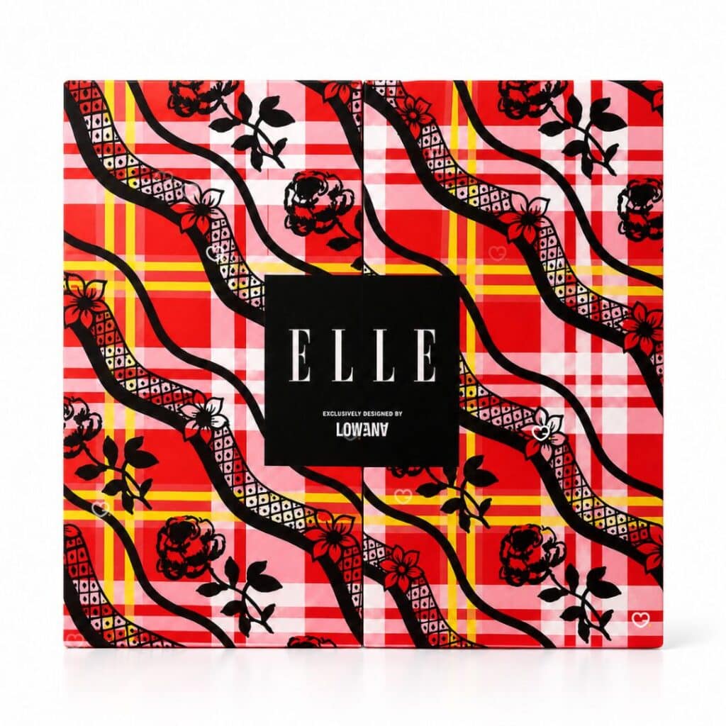 ELLE Beauty Advent Calendar 2026, closed box in Chopova Lowena lipstick-red design on a white background