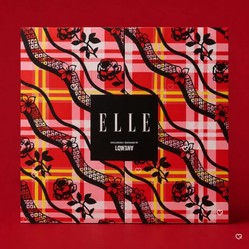 ELLE Beauty Advent Calendar 2026 front-facing closed box, red Chopova Lowena motif on a red background