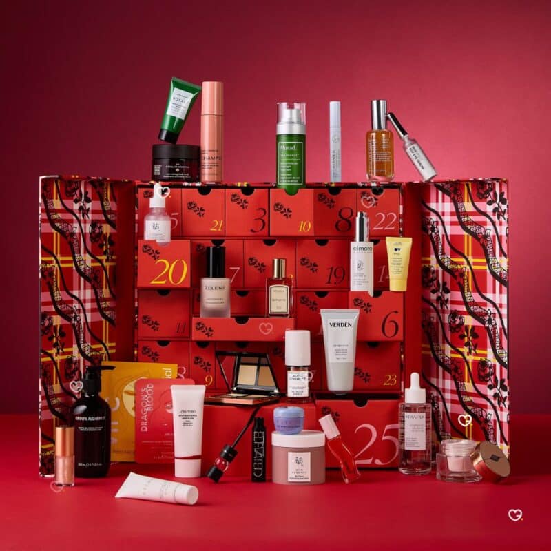 ELLE Beauty Advent Calendar 2026 fully open showing all contents, makeup advent calendar and skincare advent calendar products revealed