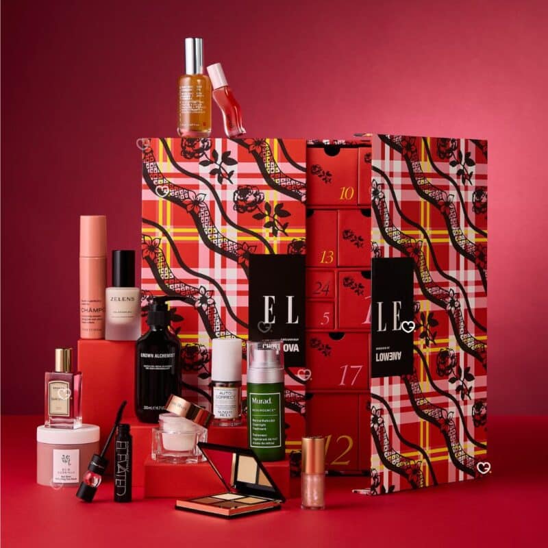 ELLE Beauty Advent Calendar 2026 open, numbered drawers with beauty products spread out, advent calendar for women