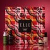 ELLE Beauty Advent Calendar 2026 with Murad, Grown Alchemist, Vieve Soul Shadows palette and Zelens on a red background, luxury skincare advent calendar