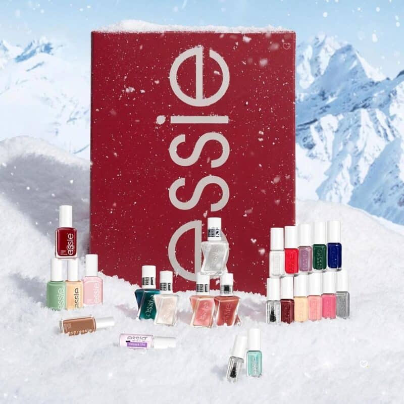 Essie Advent Calendar 2026 nail polishes arranged in snow for a December countdown