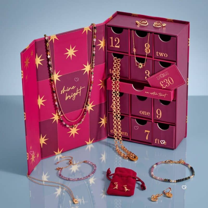Estella Bartlett gold jewellery advent calendar open showing 12 drawers