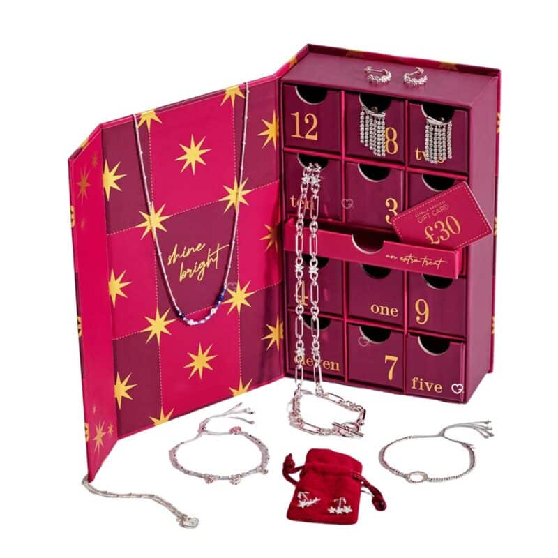 Estella Bartlett silver advent calendar open with necklaces and bracelets