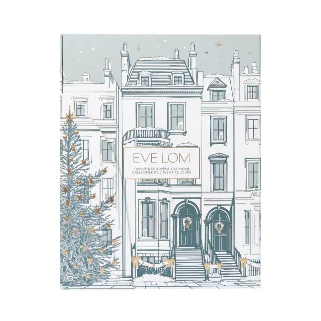 Eve Lom Advent Calendar 2026 keepsake box with gold snowy London illustration