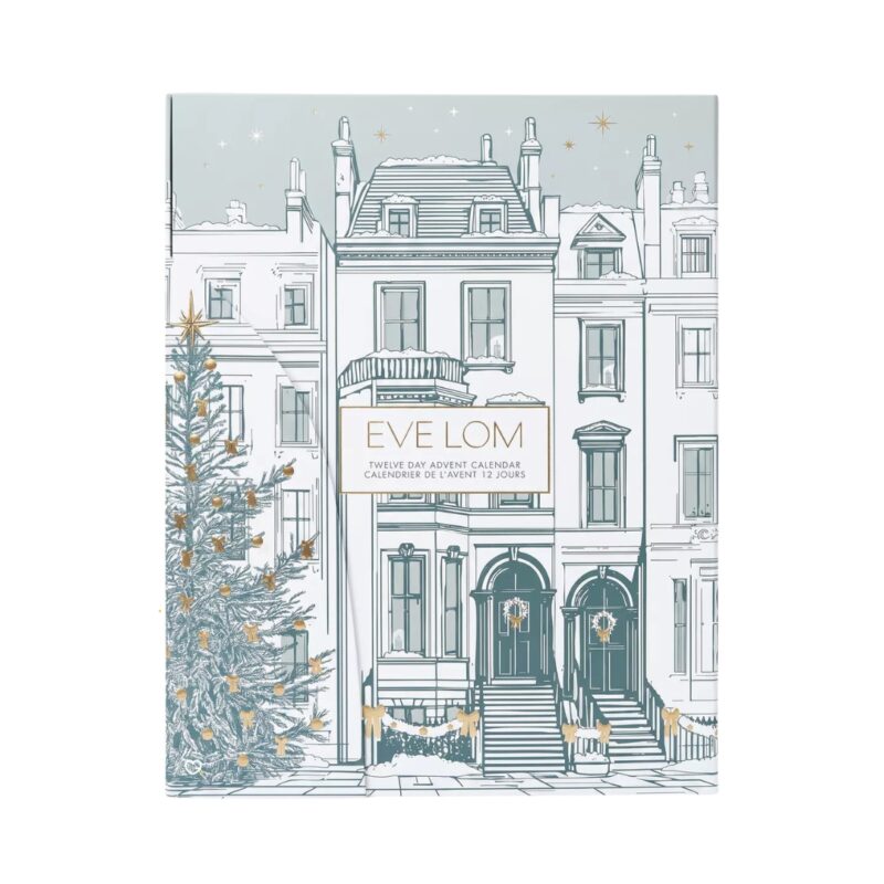 Eve Lom Advent Calendar 2026 keepsake box with gold snowy London illustration