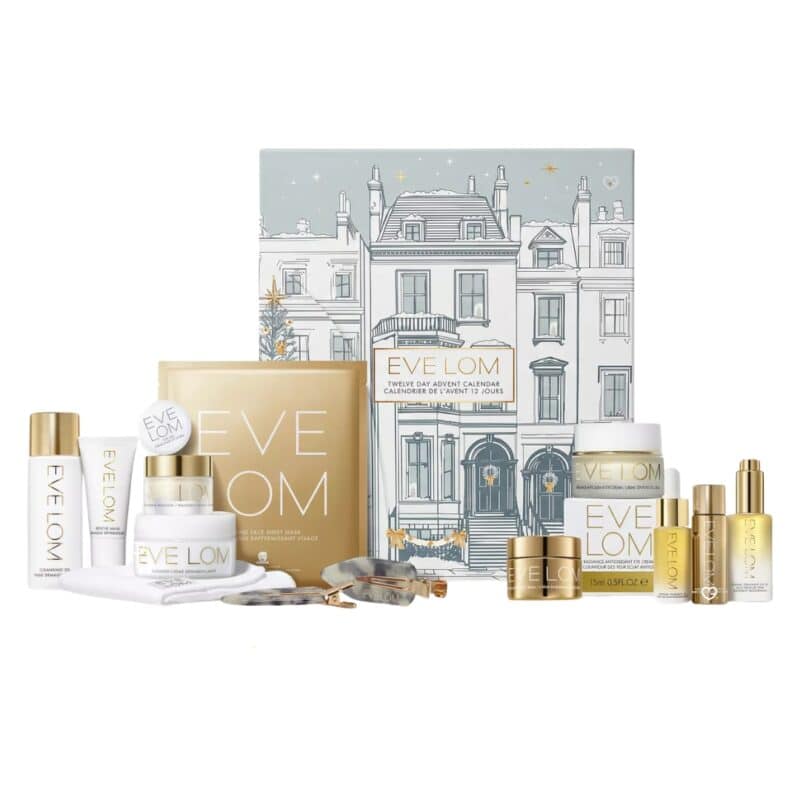 Eve Lom advent calendar 2026 full contents, twelve skincare products laid out