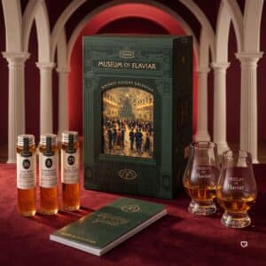 Flaviar Advent Calendar 2026 whisky samples with two Glencairn tasting glasses