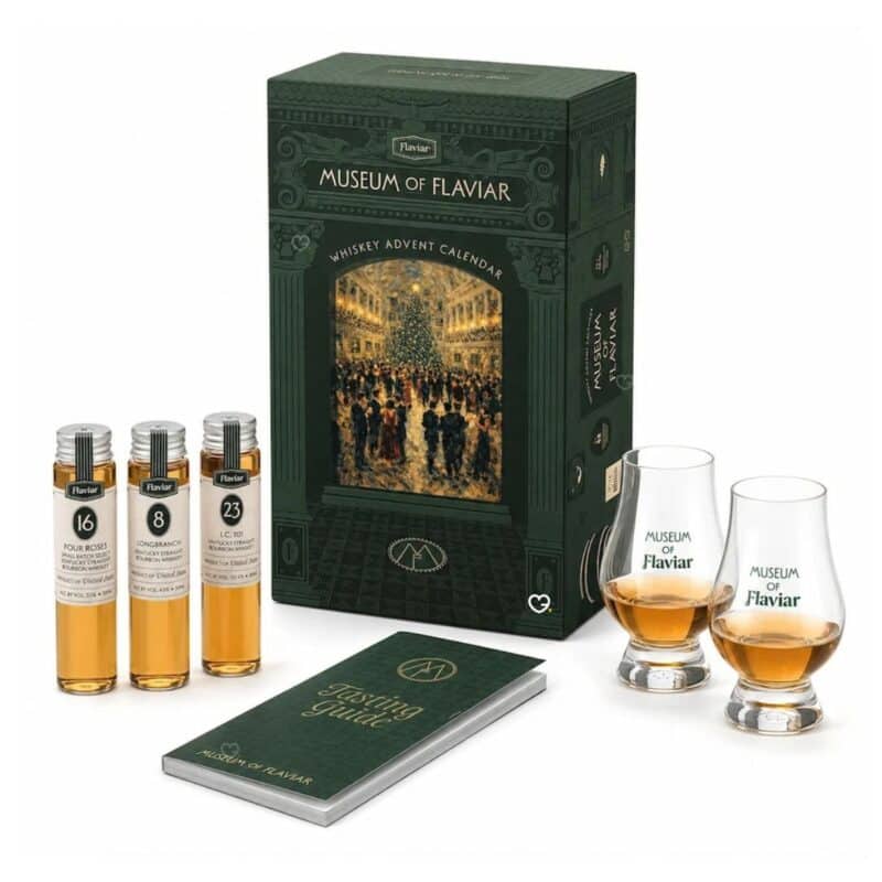 Flaviar whisky advent calendar 2026 box with samples and Glencairn glasses
