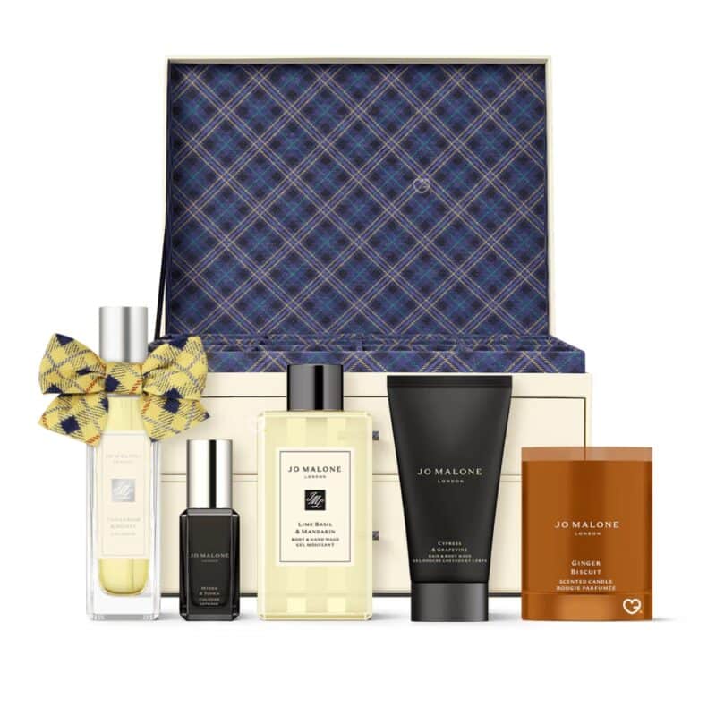 Open Jo Malone luxury advent calendar showing a row of miniature colognes and body products