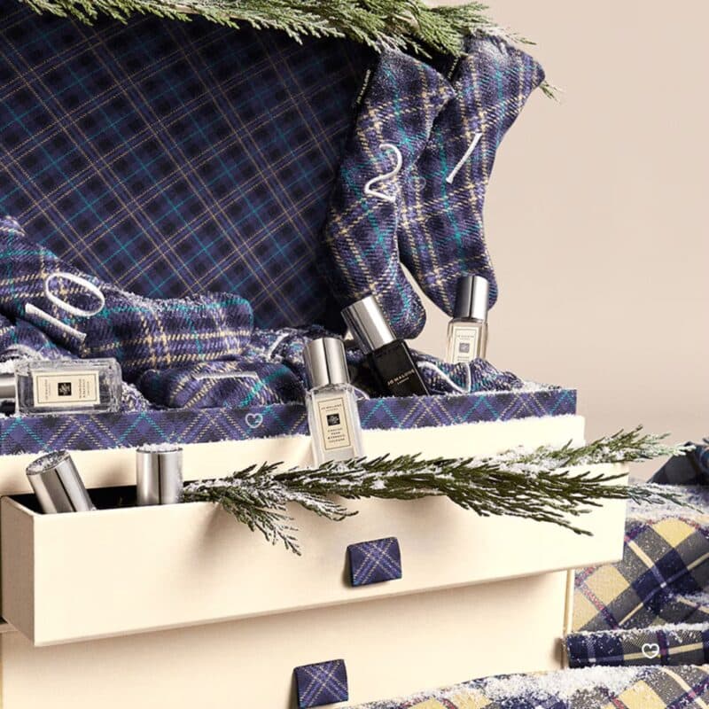 Detail of the Jo Malone Christmas Kist tartan stockings and drawers