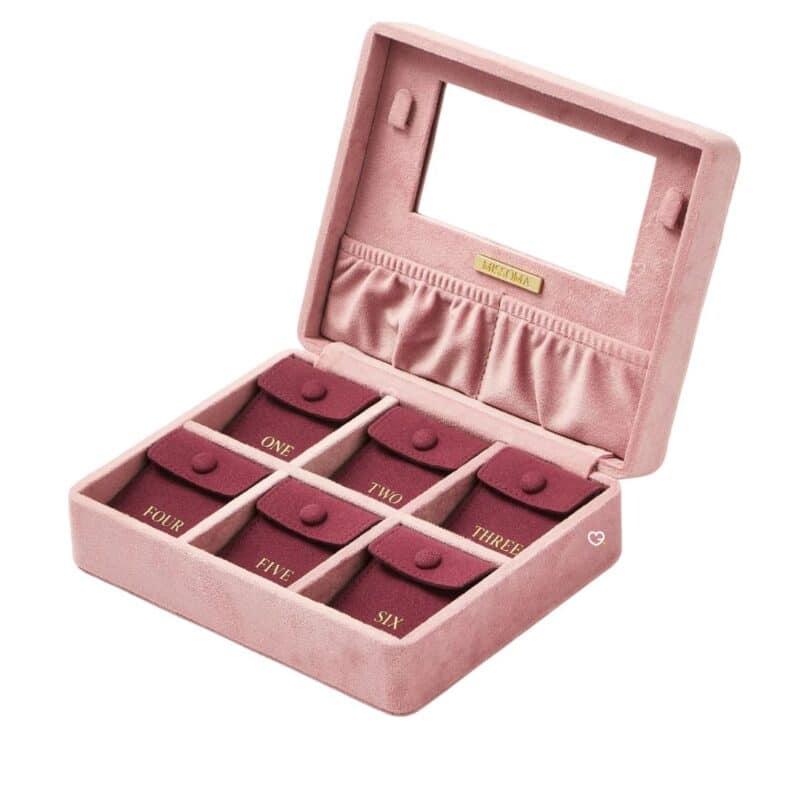 Missoma Advent Calendar 2026 velvet jewellery case open to show its six numbered compartments and mirror lid