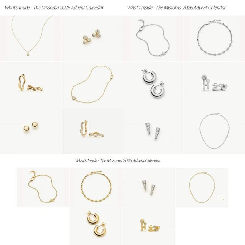 What is inside the Missoma Advent Calendar 2026: the exclusive earrings, necklaces and bracelets laid out