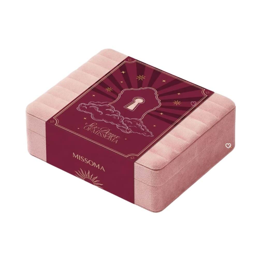 Missoma Advent Calendar 2026 closed dusky pink velvet case with the Six Days of Missoma sleeve on a white background