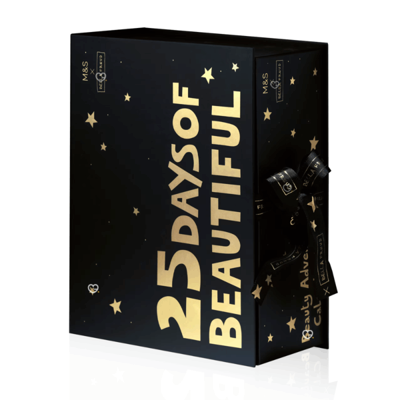 m&s Advent Calendar 2025 contains 25 beauty products and is presented in a black box illustrated by Bella Freud x Marks & Spencer