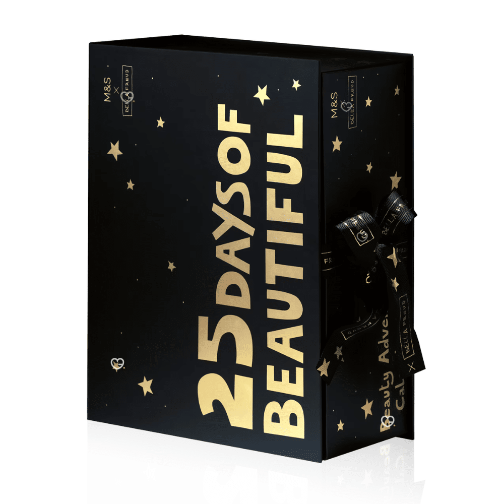 m&s Advent Calendar 2025 contains 25 beauty products and is presented in a black box illustrated by Bella Freud x Marks & Spencer