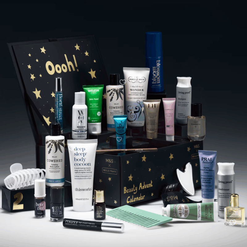m&s Advent Calendar 2025 contains 25 beauty products and is presented in a black box illustrated by Bella Freud x Marks & Spencer