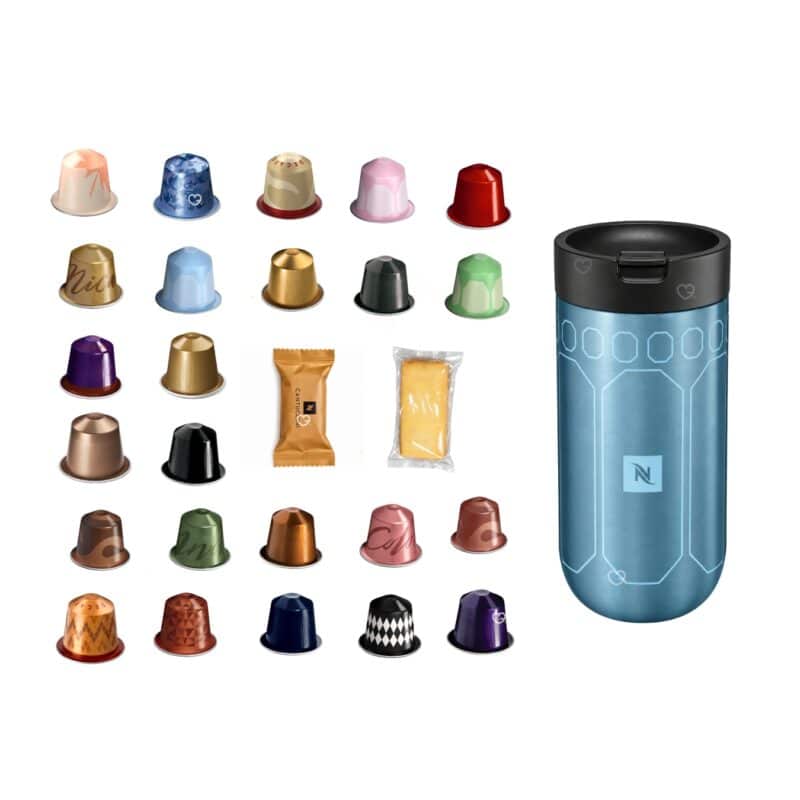 Nespresso x Swarovski advent calendar 2026 full contents: coffee capsules, cantuccini and Swarovski travel mug