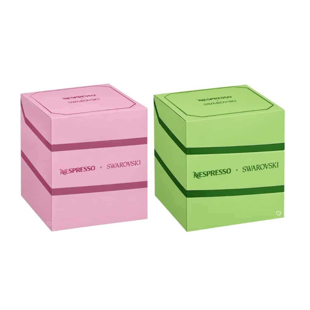 Nespresso x Swarovski advent calendar 2026, pink Original and green Vertuo boxes on white