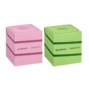Nespresso x Swarovski advent calendar 2026, pink Original and green Vertuo boxes on white