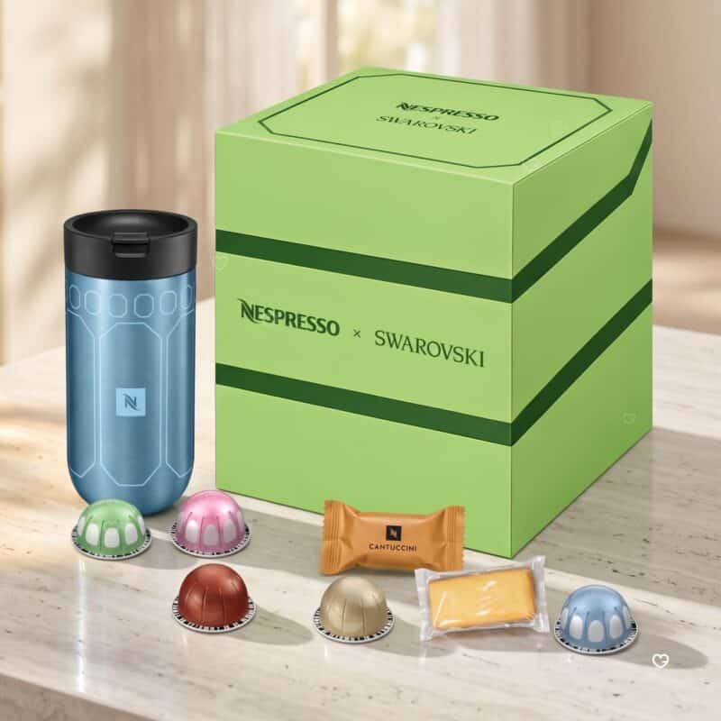 Nespresso x Swarovski advent calendar 2026 Vertuo box with travel mug, Vertuo capsules and cantuccini
