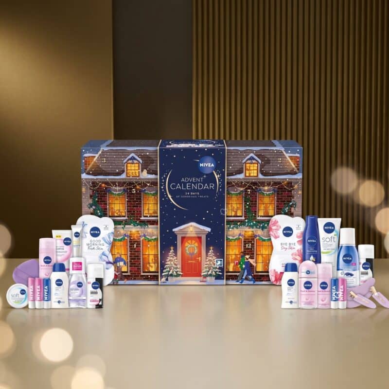 NIVEA Advent Calendar 2026 open showing skincare and beauty products