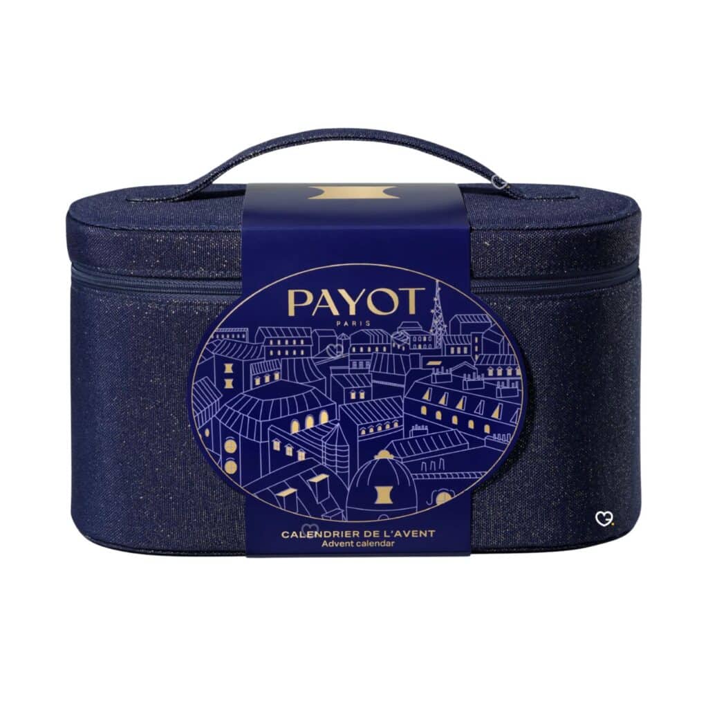 Payot Advent Calendar 2026, reusable denim-look vanity bag with gilded Parisian rooftop illustration