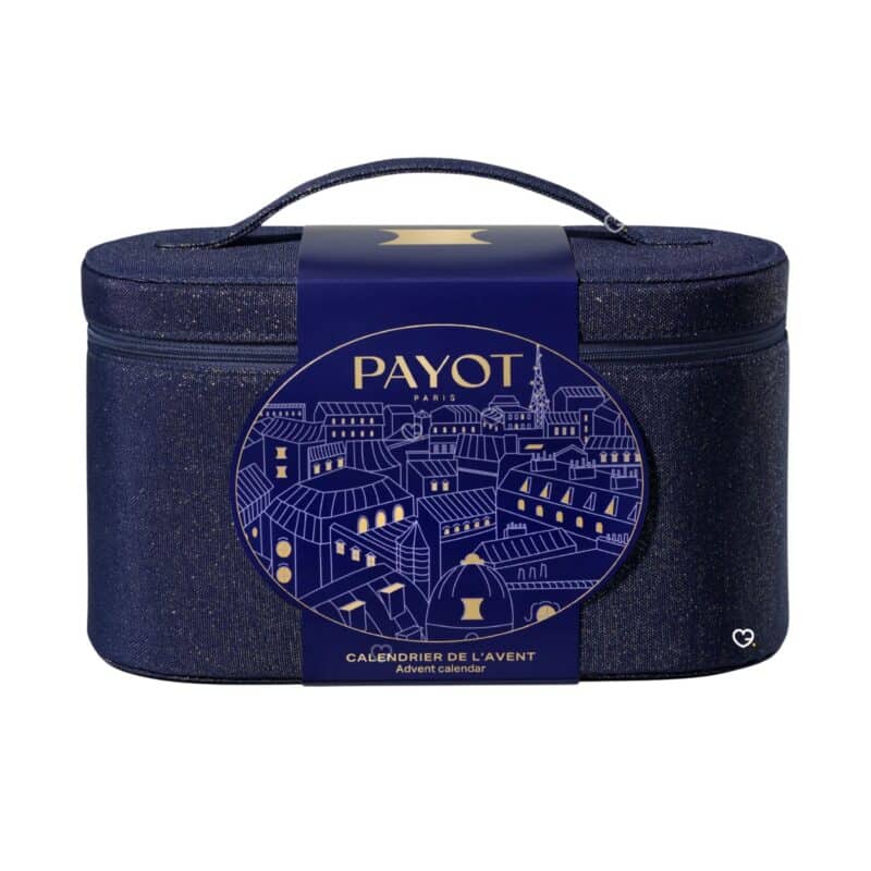 Payot Advent Calendar 2026, reusable denim-look vanity bag with gilded Parisian rooftop illustration