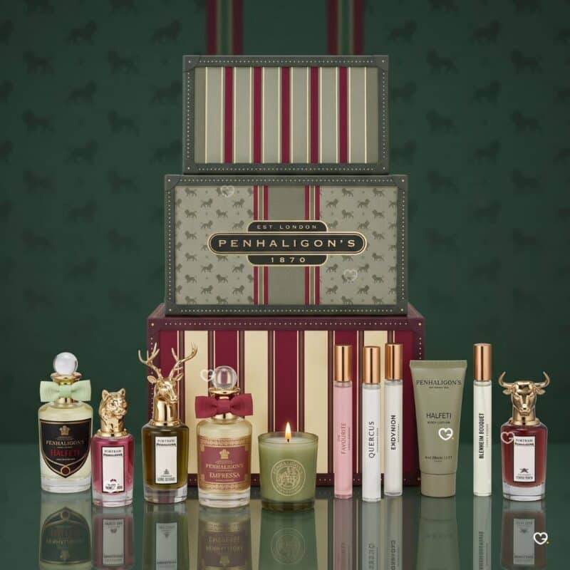 Penhaligon's Advent Calendar 2026 luxury fragrance advent calendar, box and 24 products on a green equestrian background